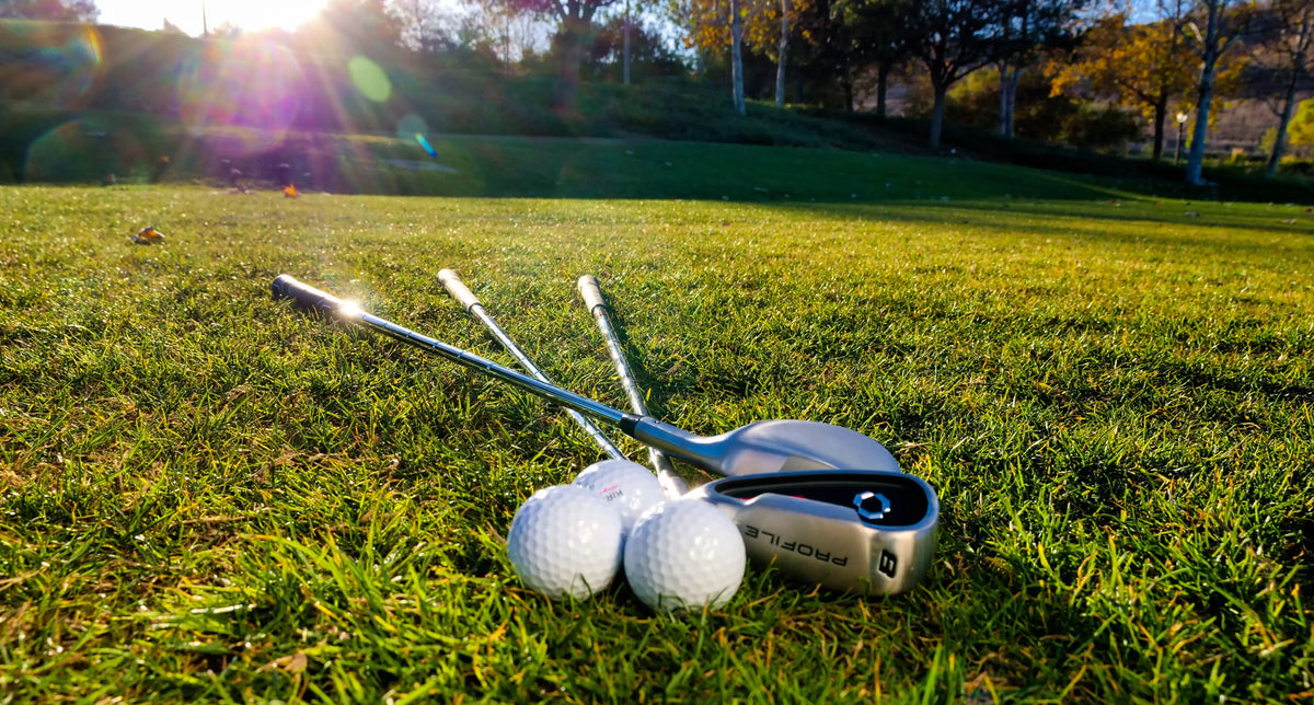 Golf clubs in a bag beside a golf course